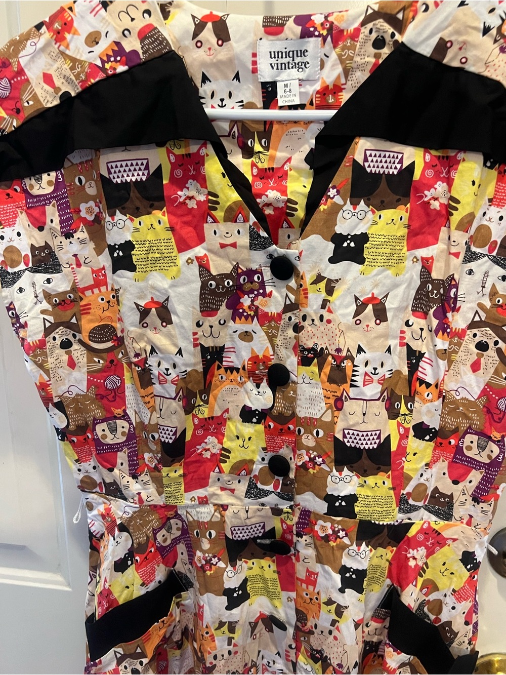 Unique Vintage Dress Multicolor Cat-Pattern Button-Down Shirt - Picture 2 of 4